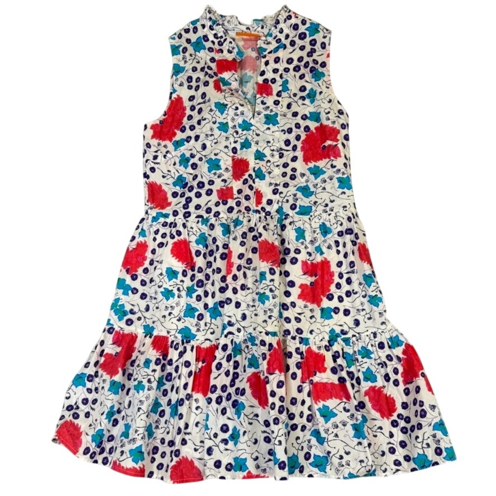 Oliphant Floral Tiered Mini Dress Sleeveless Ruffle Neck White Red Blue Size M